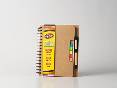 Carnet à spirales, couverture en papier kraft, 80 pages lignées, notes adhésives de couleur, boucle à stylo